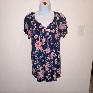 PerSeption Concept Navy and Pink Floral Short Sleeve Blouse